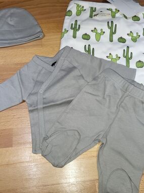 Organic Cotton Baby Boys Matching Set in Gray with Cactus Blanket Preemie